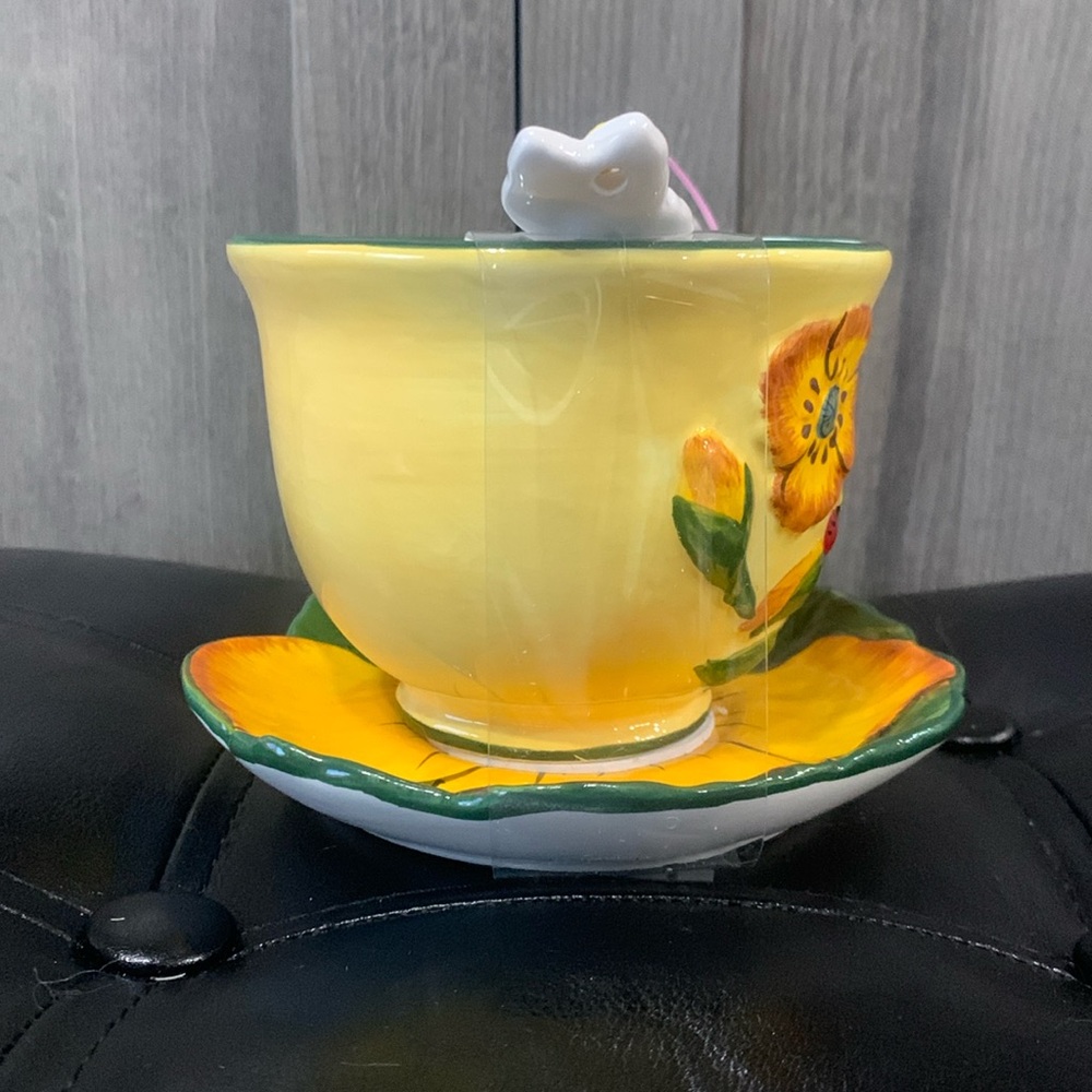Blue Sky Clayworks Yellow Poppy Teacup, Saucer & Spoon Set Heather Goldminc - Picture 4 of 10